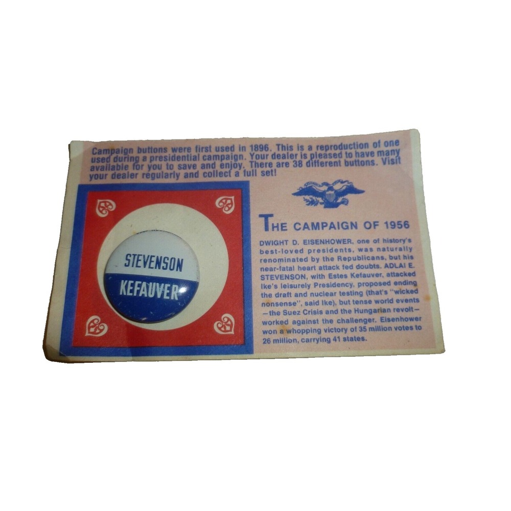 1956 Stevenson Kefauver Campaign Button on Original Display Card Reproduction